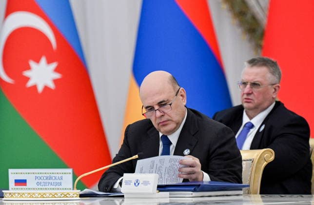 TURKMENISTAN, ASHGABAT - MAY 22, 2026: Russia s Prime Minister Mikhail Mishustin (front) attends an expanded meeting of the CIS (Commonwealth of Independent States) Council of the Heads of Government at the Garagum Hotel and Business Centre. Alexander Miridonov POOL TASS  92874482