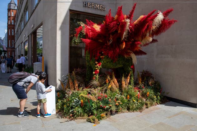 May 22, 2026, London, United Kingdom: Members of the public inspect floral displays during the RHS Chelsea Flower Show. After several days of unsettled weather, large crowds gathered along Sloane Street and the surrounding areas on the penultimate day of the 2026 RHS Chelsea Flower Show to view the elaborate floral displays created for the annual event. Visitors lined the streets of Chelsea as retailers, hotels and restaurants unveiled large-scale made from fresh flowers and plants, continuing a tradition that has become closely associated with the world-famous horticultural show. London United Kingdom - ZUMAs197 20260522_aaa_s197_016 Copyright: xJamesxWilloughbyx