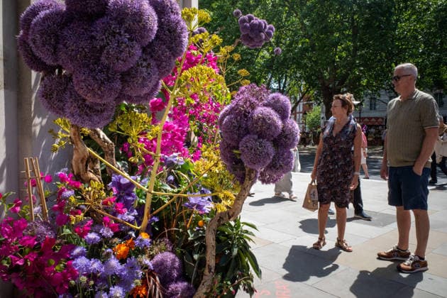 May 22, 2026, London, United Kingdom: Members of the public inspect floral displays during the RHS Chelsea Flower Show. After several days of unsettled weather, large crowds gathered along Sloane Street and the surrounding areas on the penultimate day of the 2026 RHS Chelsea Flower Show to view the elaborate floral displays created for the annual event. Visitors lined the streets of Chelsea as retailers, hotels and restaurants unveiled large-scale made from fresh flowers and plants, continuing a tradition that has become closely associated with the world-famous horticultural show. London United Kingdom - ZUMAs197 20260522_aaa_s197_009 Copyright: xJamesxWilloughbyx