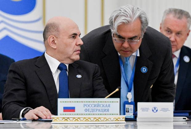 TURKMENISTAN, ASHGABAT - MAY 22, 2026: Russia s Prime Minister Mikhail Mishustin and Russia s Deputy Government Chief of Staff Elmir Tagirov (L-R front) attend an expanded meeting of the CIS (Commonwealth of Independent States) Council of the Heads of Government at the Garagum Hotel and Business Centre Ashgabat Turkmenistan  - ZUMAt113 20260522_zaa_t113_362 Copyright: xAlexanderxMiridonovx