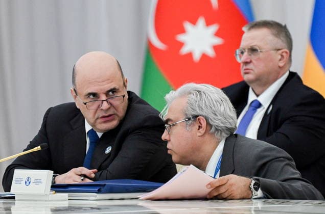 TURKMENISTAN, ASHGABAT - MAY 22, 2026: Russia s Prime Minister Mikhail Mishustin and Russia s Deputy Government Chief of Staff Elmir Tagirov (L-R front) attend an expanded meeting of the CIS (Commonwealth of Independent States) Council of the Heads of Government at the Garagum Hotel and Business Centre Ashgabat Turkmenistan  - ZUMAt113 20260522_zaa_t113_363 Copyright: xAlexanderxMiridonovx