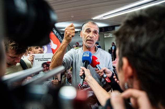Belgian activists who were part of the Gaza Flotilla arrive at Brussels Airport, in Zaventem, Friday 22 May 2026.  EMILExWINDAL 174748621