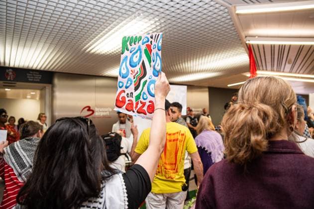 Belgian activists who were part of the Gaza Flotilla arrive at Brussels Airport, in Zaventem, Friday 22 May 2026.  EMILExWINDAL 174749523
