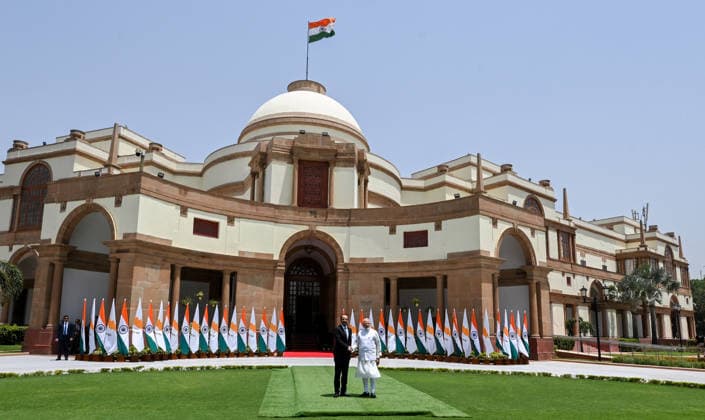 NEW DELHI, INDIA - MAY 22: Prime Minister Narendra Modi shakes hands with President of the Republic of Cyprus Nikos Christodoulides ahead of their bilateral meeting at Hyderabad House, on May 21, 2026 in New Delhi, India. India and Cyprus elevated their relationship to the level of a strategic partnership and launched a joint task force to strengthen cooperation in areas including infrastructure and shipping. Both countries also agreed to move ahead on a comprehensive Migration and Mobility Agreement, along with a Social Security Agreement, to safeguard the rights of professionals working between the two countries. (Photo by Raj K Raj Hindustan Times) PM Narendra Modi And Cyprus President Nikos Christodoulides Hold Bilateral Meeting At Hyd
