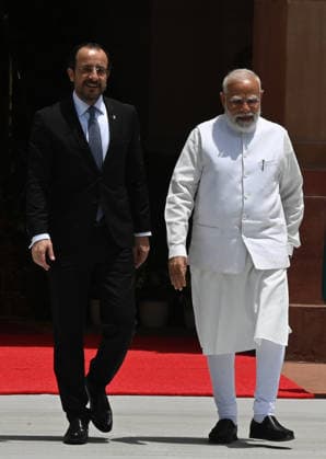 NEW DELHI, INDIA - MAY 22: Prime Minister Narendra Modi waits receives the President of the Republic of Cyprus, Nikos Christodoulides for a high-level bilateral summit at Hyderabad House on May 22, 2026 in New Delhi, India. Following a closed-door meeting attended by External Affairs Minister S Jaishankar and National Security Advisor Ajit Doval, the two leaders issued a landmark joint press statement announcing the formal elevation of India-Cyprus relations to a Strategic Partnership. (Photo by Sonu Mehta Hindustan Times) PM Narendra Modi And Cyprus President Nikos Christodoulides Hold Bilateral Meeting At Hyderabad House In Delhi