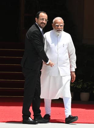 NEW DELHI, INDIA - MAY 22: Prime Minister Narendra Modi waits receives the President of the Republic of Cyprus, Nikos Christodoulides for a high-level bilateral summit at Hyderabad House on May 22, 2026 in New Delhi, India. Following a closed-door meeting attended by External Affairs Minister S Jaishankar and National Security Advisor Ajit Doval, the two leaders issued a landmark joint press statement announcing the formal elevation of India-Cyprus relations to a Strategic Partnership. (Photo by Sonu Mehta Hindustan Times) PM Narendra Modi And Cyprus President Nikos Christodoulides Hold Bilateral Meeting At Hyderabad House In Delhi