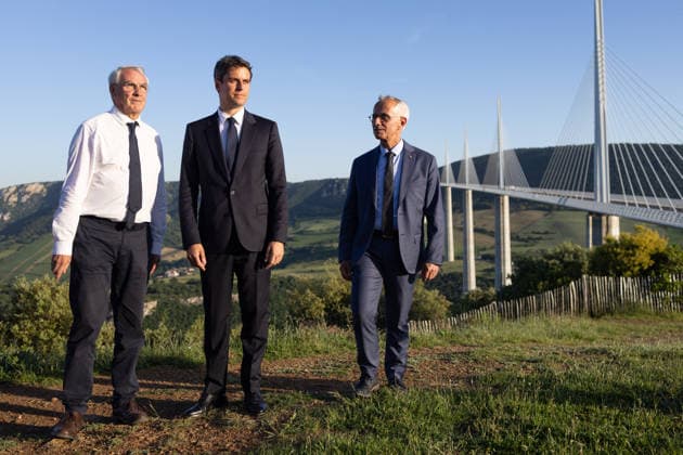 Gabriel Attal visits the Millau viaduct - Millau General Secretary of French centrist party Renaissance Gabriel Attal, Jean-François Rousset a politician of Renaissance who has represented the 3rd constituency of the Aveyron department, and mayor of Millau Christophe Saint-Pierre, visits the Millau viaduct on May 22, 2026. France s former prime minister Gabriel Attal said on May 22, 2026 he was running for president next year. Photo by Raphael Lafargue ABACAPRESS.COM Millau France  Copyright: xLafarguexRaphael ABACAx