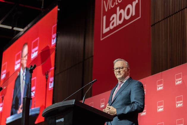 VICTORIAN STATE LABOUR CONFERENCE, Prime Minister Anthony Albanese speaks during the Victorian Labor Party™s state conference at Melbourne Park in Melbourne, Saturday, May 23, 2026. ( NO ARCHIVING MELBOURNE VICTORIA AUSTRALIA  Copyright: xJAYxKOGLERx 20260523150457969608