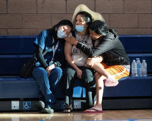 Hazardous materials emergency in Southern California worsens as chemical leak forces evacuation orders for 40,000 residents GARDEN GROVE, UNITED STATES - MAY 22: Garden Grove residents who were evacuated to the Garden Grove Sports &amp; Recreation Center due to the Chemical Leak at GKN Aerospace Transparency building, embrace one another as they await updates on the current situation in Garden Grove, California, United States on May 22, 2026. Jon Putman Anadolu California United States. Editorial use only. Please get in touch for any other usage.  Copyright: x2026xAnadoluxJonxPutmanx