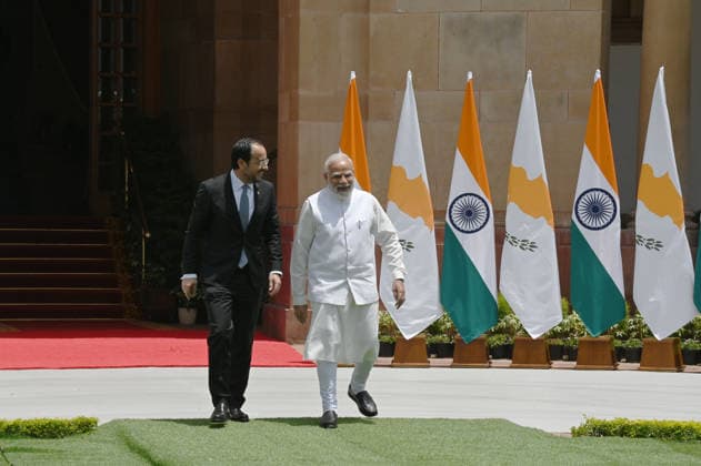 India - Cyprus President of Cyprus, Nikos Christodoulides is greeted by Prime Minister Narendra Modi at Hyderabad House in New Delhi on Friday May 22, 2026. New Delhi Delhi India Copyright: xSondeepxShankarx