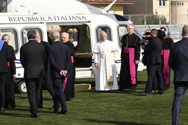May 23, 2026, Acerra, Italy: Pope Leo XIV arrives by helicopter in Acerra (Naples), 23 May 2026. Leo is visiting the community of the Land of Fires (Terra dei fuochi), an area in the Southern Italian region of Campania were, systematically, since the end of the 80s, toxic wastes have been dumped by organized crime (Camorra) causing waste-related environmental crimes. ANSA CIRO FUSCO Acerra Italy  - ZUMAa110 20260523_zaf_a110_002 Copyright: xCiroxFuscox