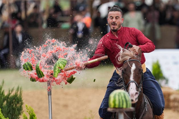 8th Ethnosport Culture Festival in Istanbul ISTANBUL, TURKIYE - MAY 23: An athlete on horseback cuts a watermelon during the 8th Ethnosport Culture Festival organized by the World Ethnosport Confederation at Ataturk Airport in Istanbul, Turkiye, on May 23, 2026. Cemal Yurttas Anadolu Istanbul Turkey. Editorial use only. Please get in touch for any other usage.  Copyright: x2026xAnadoluxCemalxYurttasx