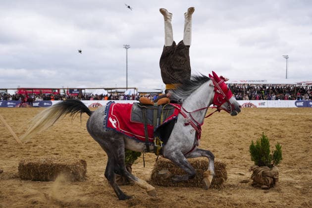 8th Ethnosport Culture Festival in Istanbul ISTANBUL, TURKIYE - MAY 23: An athlete on horseback competes in an equestrian javelin during the 8th Ethnosport Culture Festival organized by the World Ethnosport Confederation at Ataturk Airport in Istanbul, Turkiye, on May 23, 2026. Bunyamin Celik Anadolu Istanbul Turkey. Editorial use only. Please get in touch for any other usage.  Copyright: x2026xAnadoluxBunyaminxCelikx