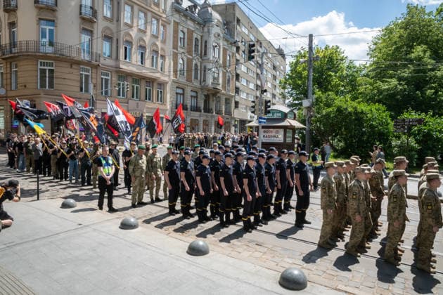 Commemoration procession held on Heroes Day in Lviv, Ukraine LVIV, UKRAINE - MAY 23: Service members and civilians take part in a procession dedicated to the participants of the ATO JFO, veterans, and individuals who lost their lives or are involved in the conflict in Ukraine, during Heroes Day in Lviv, Ukraine on May 23, 2026. Participants marched through the city and held a commemoration for the fallen service members at the burial grounds within the Lychakiv Cemetery. Olena Znak Anadolu Lviv Ukraine. Editorial use only. Please get in touch for any other usage.  Copyright: x2026xAnadoluxOlenaxZnakx