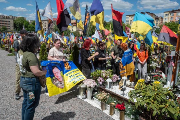 Commemoration procession held on Heroes Day in Lviv, Ukraine LVIV, UKRAINE, MAY 23: Military and civilians take part in a ceremony to honor the memory of fallen servicemen at the honorary burial grounds at the Lychakiv Cemetery during the Day of Heroes of Ukraine in Lviv, Ukraine, May 23, 2026. Also on this day, military personnel, police, members of youth organizations and civilians marched through the city in a solemn procession dedicated to all participants of the ATO JFO, war veterans and participants who died or are fighting for the freedom of Ukraine. Olena Znak Anadolu Lviv Ukraine. Editorial use only. Please get in touch for any other usage.  Copyright: x2026xAnadoluxOlenaxZnakx