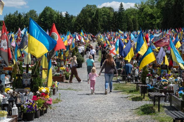 Commemoration procession held on Heroes Day in Lviv, Ukraine LVIV, UKRAINE, MAY 23: Military and civilians take part in a ceremony to honor the memory of fallen servicemen at the honorary burial grounds at the Lychakiv Cemetery during the Day of Heroes of Ukraine in Lviv, Ukraine, May 23, 2026. Also on this day, military personnel, police, members of youth organizations and civilians marched through the city in a solemn procession dedicated to all participants of the ATO JFO, war veterans and participants who died or are fighting for the freedom of Ukraine. Olena Znak Anadolu Lviv Ukraine. Editorial use only. Please get in touch for any other usage.  Copyright: x2026xAnadoluxOlenaxZnakx