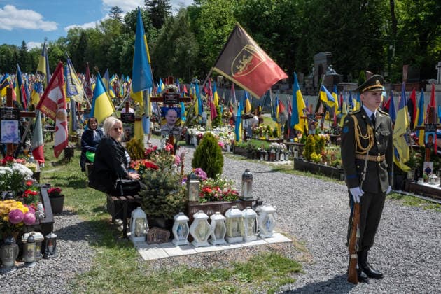 Commemoration procession held on Heroes Day in Lviv, Ukraine LVIV, UKRAINE, MAY 23: Military and civilians take part in a ceremony to honor the memory of fallen servicemen at the honorary burial grounds at the Lychakiv Cemetery during the Day of Heroes of Ukraine in Lviv, Ukraine, May 23, 2026. Also on this day, military personnel, police, members of youth organizations and civilians marched through the city in a solemn procession dedicated to all participants of the ATO JFO, war veterans and participants who died or are fighting for the freedom of Ukraine. Olena Znak Anadolu Lviv Ukraine. Editorial use only. Please get in touch for any other usage.  Copyright: x2026xAnadoluxOlenaxZnakx