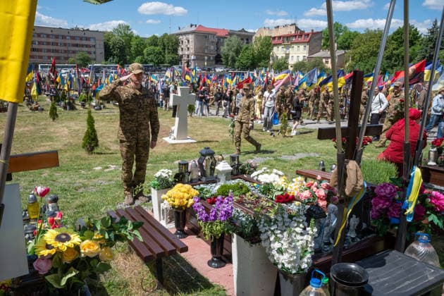 Commemoration procession held on Heroes Day in Lviv, Ukraine LVIV, UKRAINE, MAY 23: Military and civilians take part in a ceremony to honor the memory of fallen servicemen at the honorary burial grounds at the Lychakiv Cemetery during the Day of Heroes of Ukraine in Lviv, Ukraine, May 23, 2026. Also on this day, military personnel, police, members of youth organizations and civilians marched through the city in a solemn procession dedicated to all participants of the ATO JFO, war veterans and participants who died or are fighting for the freedom of Ukraine. Olena Znak Anadolu Lviv Ukraine. Editorial use only. Please get in touch for any other usage.  Copyright: x2026xAnadoluxOlenaxZnakx