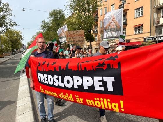 Israel s intervention in the Global Sumud Flotilla was protested in Sweden STOCKHOLM, SWEDEN - MAY 23: Demonstrators, holding banners, gather at Odenplan Square to protest the Israeli army s intervention against the Global Sumud Flotilla, which set sail to deliver humanitarian aid to the Gaza Strip, in Stockholm, Sweden, on May 23, 2026. Convened by numerous non-governmental organizations, the crowd demanded an immediate halt to alleged Israeli war crimes in Gaza and marched through the city center to condemn the interception of the flotilla and the mistreatment of international activists. Atila Altuntas Anadolu Stockholm Sweden. Editorial use only. Please get in touch for any other usage.  Copyright: x2026xAnadoluxAtilaxAltuntasx