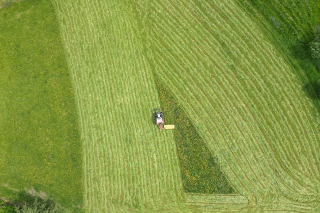 Luftaufnahme. Fruehling (Frühling) im Siegerland. Eine saftig gruene (grüne) Wiese wird von einem Traktor mit einem Maehwerk (Mähwerk) bei Siegen-Oberschelden gemaeht (gemäht). Fruehling (Frühling) im Siegerland am 23.05.2026 in Siegen Deutschland. *** Aerial view spring spring in Siegerland A lush green meadow is mowed by a tractor with a mower mower near Siegen Oberschelden spring spring in Siegerland on 23 05 2026 in Siegen Germany