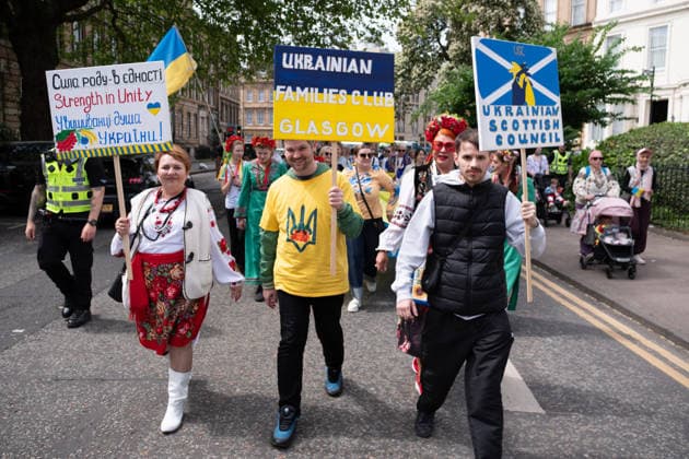 May 23, 2026, Glasgow, Scotland, UK: Members of the Ukrainian community in Scotland held their annual Vyshyvanka Parade in Glasgow under the slogan Together in Tradition, Together in Scotland. The event celebrated Ukrainian culture and identity, centred on the traditional embroidered shirt known as the vyshyvanka, and was held as part of worldwide Vyshyvanka Day celebrations. Glasgow UK - ZUMAs357 20260523_zip_s357_018 Copyright: xCameronxScottx
