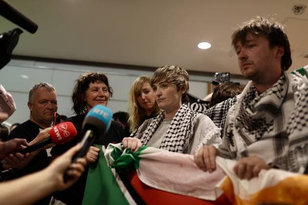 Irish activists arrive in Dublin after being deported from Israel DUBLIN, IRELAND - MAY 23: Supporters waving Palestinian flags welcomed Irish activists as they arrive at Dublin Airport after being deported from Israel following participation in Global Sumud Flotilla, in Dublin, Ireland on May 23, 2026. Among those returning was Margaret Connolly, sister of current Irish President Catherine Connolly, who was among the 11 deported activists. Mostafa Darwish Anadolu Dublin Ireland. Editorial use only. Please get in touch for any other usage.  Copyright: x2026xAnadoluxMostafaxDarwishx