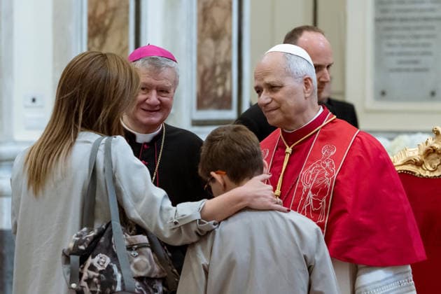May 23, 2026, Acerra, Napoli, Italy: The Pope seen listening a family with victims of pollution. Pope Leo XIV visited Acerra for his patroral itinerary. He was the first Pope to visit the Land of Fires, a region affected by illegal dumping and burning of toxic waste in Campania region in Italy and meet families of victims of pollution in the Cathedral of Santa Maria Assunta in Acerra. Acerra Italy - ZUMAf172 20260523_zip_f172_045 Copyright: xValeriaxFerrarox