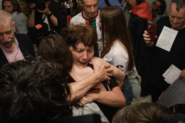 May 23, 2026, Dublin, Ireland: Dr Margaret Connolly embraces her daughter, Katie, at Dublin Airport as fifteen Irish citizens who were detained by Israel arrive back in Ireland Irish flotilla activists return home to Dublin Airport after Israeli detention. Dublin Ireland - ZUMAs197 20260523_aaa_s197_189 Copyright: xGrahamxMartinx
