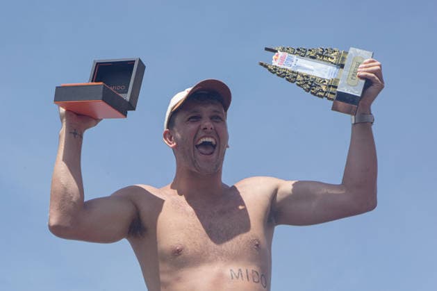 May 23, 2026, Klungkung, Bali, Indonesia: Aidan Heslop of Britania Raya Winner 1st celebrates on the podium after winning the Red Bull Cliff Diving World Series at Broken Beach in Nusa Penida, Bali, Indonesia. Klungkung Indonesia - ZUMAp229 20260523_zip_p229_007 Copyright: xLanaxPriatnax