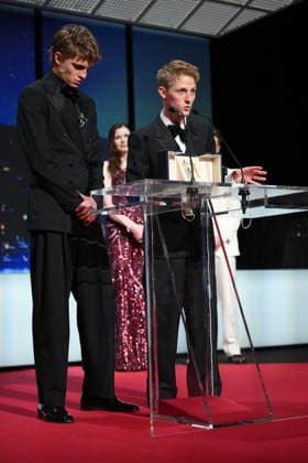 Cannes - Closing Ceremony Belgian actor Emmanuel Macchia and French actor Valentin Campagne celebrate on stage after winning ex-aequo the Best Actor Prize for the film Coward on stage during the closing ceremony of the 79th edition of the Cannes Film Festival in Cannes, France on May 23, 2026. Photo by Eliot Blondet ABACAPRESS.COM Cannes France  Copyright: xBlondetxEliot ABACAx