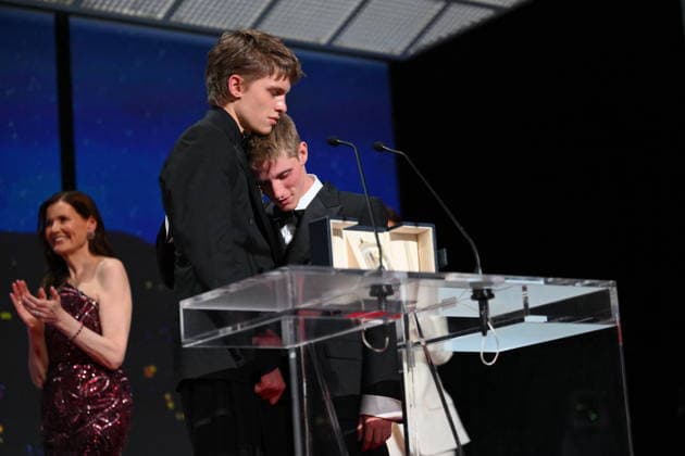 Cannes - Closing Ceremony Belgian actor Emmanuel Macchia and French actor Valentin Campagne celebrate on stage after winning ex-aequo the Best Actor Prize for the film Coward on stage during the closing ceremony of the 79th edition of the Cannes Film Festival in Cannes, France on May 23, 2026. Photo by Eliot Blondet ABACAPRESS.COM Cannes France  Copyright: xBlondetxEliot ABACAx