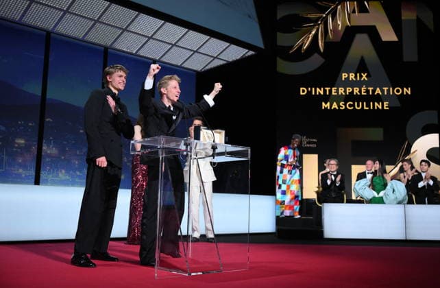 Cannes - Closing Ceremony Belgian actor Emmanuel Macchia and French actor Valentin Campagne celebrate on stage after winning ex-aequo the Best Actor Prize for the film Coward on stage during the closing ceremony of the 79th edition of the Cannes Film Festival in Cannes, France on May 23, 2026. Photo by Eliot Blondet ABACAPRESS.COM Cannes France  Copyright: xBlondetxEliot ABACAx