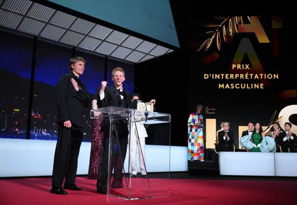 Cannes - Closing Ceremony Belgian actor Emmanuel Macchia and French actor Valentin Campagne celebrate on stage after winning ex-aequo the Best Actor Prize for the film Coward on stage during the closing ceremony of the 79th edition of the Cannes Film Festival in Cannes, France on May 23, 2026. Photo by Eliot Blondet ABACAPRESS.COM Cannes France  Copyright: xBlondetxEliot ABACAx