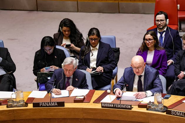 May 23, 2026, New York, New York, USA: VASSILY NEBENZIA on right, Permanent Representative of Russia to the UN, speaks during an emergency UN Security Council meeting on Ukraine at UNHQ following Russian allegations of a Ukrainian drone strike on a vocational school and student dormitory in Russian-controlled Luhansk, which Ukraine denies targeted civilians. New York USA  - ZUMAo116 20260523_znp_o116_016 Copyright: xBiancaxOterox
