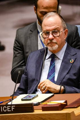 May 23, 2026, New York, New York, USA: TED CHAIBAN, UNICEF Deputy Executive Director, listens in the UN Security Council during an emergency meeting on Ukraine at UNHQ following Russian allegations of a Ukrainian drone strike on a vocational school and student dormitory in Russian-controlled Luhansk, which Ukraine denies targeted civilians. New York USA - ZUMAo116 20260523_znp_o116_006 Copyright: xBiancaxOterox