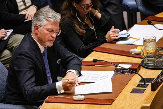 May 23, 2026, New York, New York, USA: ANDRII MELNYK, Permanent Representative of Ukraine to the UN, looks over notes during an emergency UN Security Council meeting on Ukraine at UNHQ following Russian allegations of a Ukrainian drone strike on a vocational school and student dormitory in Russian-controlled Luhansk, which Ukraine denies targeted civilians. New York USA - ZUMAo116 20260523_znp_o116_013 Copyright: xBiancaxOterox