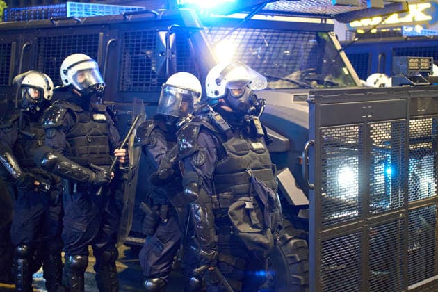 May 23, 2026, Belgrade, Central Serbia, Serbia: 2026523, Belgrade, Serbia - A large number of citizens answer the call of university students and gather to protest in the center of Belgrade. Riot police officers wearing gas masks stand guard next to an armored vehicle. Belgrade Serbia  - ZUMAd223 20260523_zip_d223_014 Copyright: xMarkoxDimicx