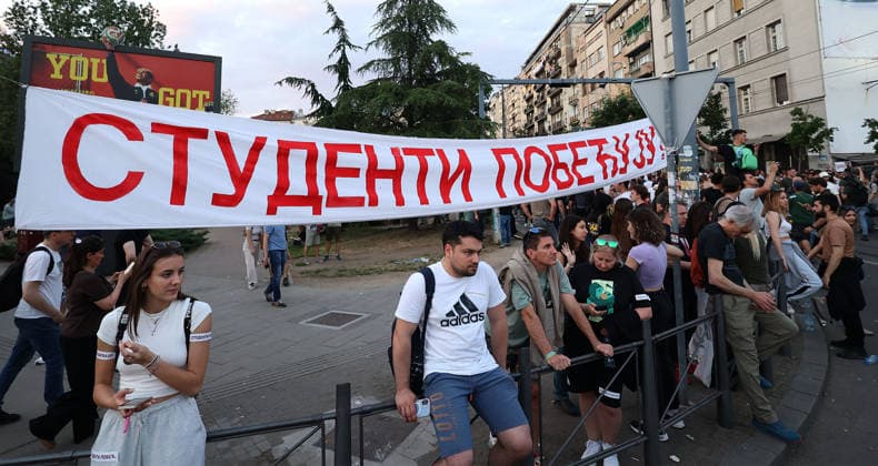 23.05.2026 Belgrade(Serbia) Politika Zivot Politics Life Anti-government protest rally led by Serbia s protesting university students. Who are seeking elections.Banner with the inscription students win.