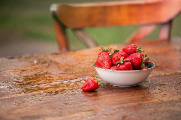 Auf einem Holztisch steht eine Schale mit Erdbeeren. A bowl of strawberries sits on a wooden table. The bowl is filled with a variety of strawberries, some of which are larger and others smaller (License=RF) ,model released, Symbolfoto Copyright: xZoonar.com MARIA_MOROZx 25057111 ,model released, Symbolfoto ,property released