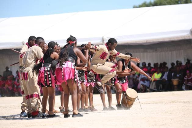 (260524) -- OMUSATI, May 24, 2026 -- People perform during the 16th annual Omagongo Festival at Onamega Village, Omusati region, Namibia, May 23, 2026. Namibia on Saturday celebrated the 16th annual Omagongo Festival at Onamega village under the Uukwambi Traditional Authority in the country s northern Omusati Region, highlighting the enduring role of culture in fostering unity, identity and social cohesion. TO GO WITH Namibia celebrates unity, heritage at 16th Omagongo Festival (Photo by Xinhua) NAMIBIA-OMUSATI-OMAGONGO FESTIVAL NdalimpingaxIita 