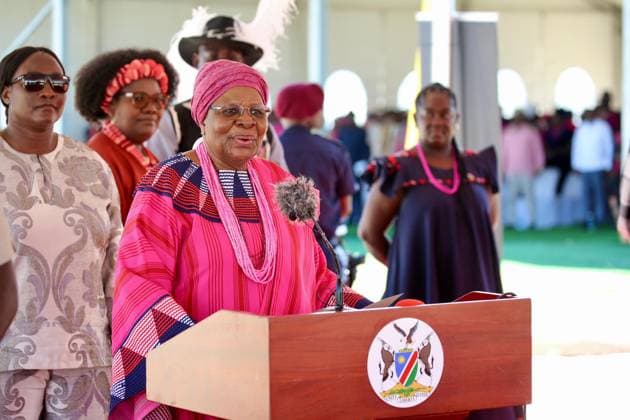 (260524) -- OMUSATI, May 24, 2026 -- Namibian President Netumbo Nandi-Ndaitwah (front) speaks during the 16th annual Omagongo Festival at Onamega Village, Omusati region, Namibia, May 23, 2026. Namibia on Saturday celebrated the 16th annual Omagongo Festival at Onamega village under the Uukwambi Traditional Authority in the country s northern Omusati Region, highlighting the enduring role of culture in fostering unity, identity and social cohesion. TO GO WITH Namibia celebrates unity, heritage at 16th Omagongo Festival (Photo by Xinhua) NAMIBIA-OMUSATI-OMAGONGO FESTIVAL NdalimpingaxIita 