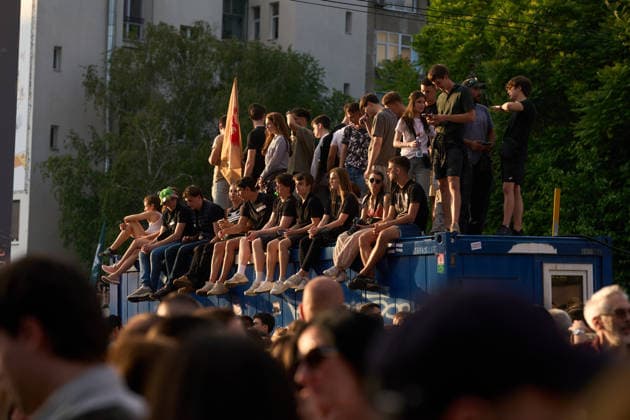 May 23, 2026, Belgrade, Central Serbia, Serbia: 2026523, Belgrade, Serbia - A large number of citizens answer the call of university students and gather to protest in the center of Belgrade. Young demonstrators sit and stand on top of a container to get a better view of the rally. Belgrade Serbia - ZUMAd223 20260523_zip_d223_008 Copyright: xMarkoxDimicx