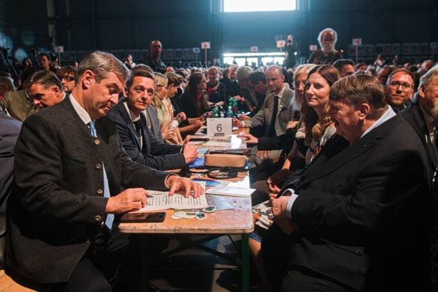 Bavarian Prime Minister Markus Soder, from left, and South Moravian Governor Jan Grolich, and (from right) Sudeten German leader Bernd Posselt and Brno Mayor Marketa Vankova attend the 76th Sudeten German Congress in Brno continued at Brno Exhibition Centre on Saturday, May 24, 2026. (CTKxPhoto PatrikxUhlir) CTKPhotoP2026052402795  CTKPhotoP2026052402795
