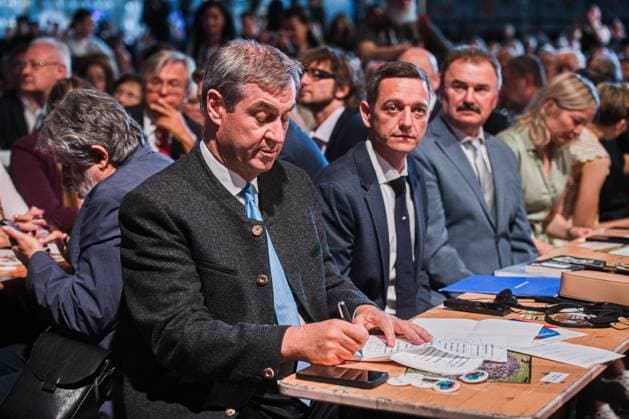 Bavarian Prime Minister Markus Soder,from left, and South Moravian Governor Jan Grolich attend the 76th Sudeten German Congress in Brno continued at Brno Exhibition Centre on Saturday, May 24, 2026. (CTKxPhoto PatrikxUhlir) CTKPhotoP2026052402903  CTKPhotoP2026052402903