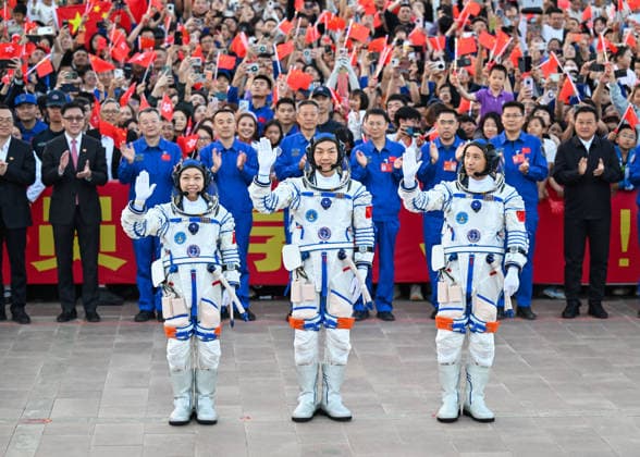 (260524) -- JIUQUAN, May 24, 2026 -- Chinese astronauts Zhu Yangzhu (R), Zhang Zhiyuan (C) and Li Jiaying attend the send-off ceremony at the Jiuquan Satellite Launch Center in northwest China, May 24, 2026. A send-off ceremony for the three Chinese astronauts of the Shenzhou-23 crewed space mission was held here on Sunday. ) FOCUS Send-off ceremony held for Chinese astronauts of Shenzhou-23 mission LixZhipeng 