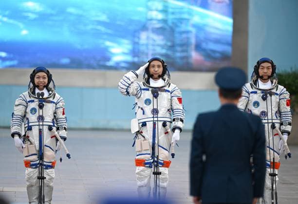 (260524) -- JIUQUAN, May 24, 2026 -- Chinese astronauts Zhu Yangzhu (C), Zhang Zhiyuan (R) and Li Jiaying attend the send-off ceremony at the Jiuquan Satellite Launch Center in northwest China, May 24, 2026. A send-off ceremony for the three Chinese astronauts of the Shenzhou-23 crewed space mission was held here on Sunday. ) FOCUS Send-off ceremony held for Chinese astronauts of Shenzhou-23 mission LianxZhen 