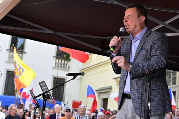 March and demonstration against the congress of the Sudeten German Regional Association in Brno, May 24, 2026. Jindrich Rajchl, head of the PRO party from the SPD parliamentary club. (CTKxPhoto VaclavxSalek) CTKPhotoP2026052404099  CTKPhotoP2026052404099