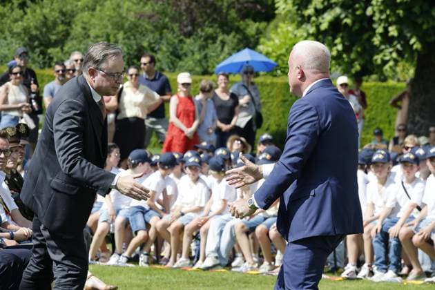 Prime Minister Bart De Wever and US ambassador to Belgium Bill White pictured during the annual Memorial Day ceremony at the Flanders Field American Cemetery, in Waregem, Sunday 24 May 2026.  NICOLASxMAETERLINCK 174921427