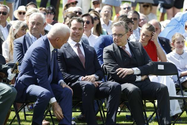US ambassador to Belgium Bill White and Prime Minister Bart De Wever pictured during the annual Memorial Day ceremony at the Flanders Field American Cemetery, in Waregem, Sunday 24 May 2026.  NICOLASxMAETERLINCK 174921471