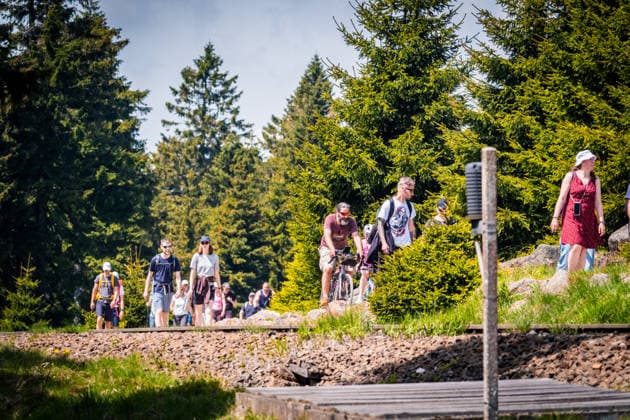 Zahlreiche Besucher und Wanderer auf dem Brocken im Harz am Pfingstsonntag. Warme Temperaturen und sonniges Feiertagswetter sorgten für starken Andrang auf den Wanderwegen und am Brockengipfel im Nationalpark Harz. Brocken Pfingstsonntag *** Numerous visitors and hikers on the Brocken in the Harz Mountains on Whitsunday Warm temperatures and sunny holiday weather ensured that the hiking trails and the Brocken summit in the Harz National Park were very busy Brocken Whitsunday